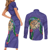Hawaii Pikake and Maile Lei Couples Matching Short Sleeve Bodycon Dress and Long Sleeve Button Shirt Honu Polynesian Pattern Purple Color