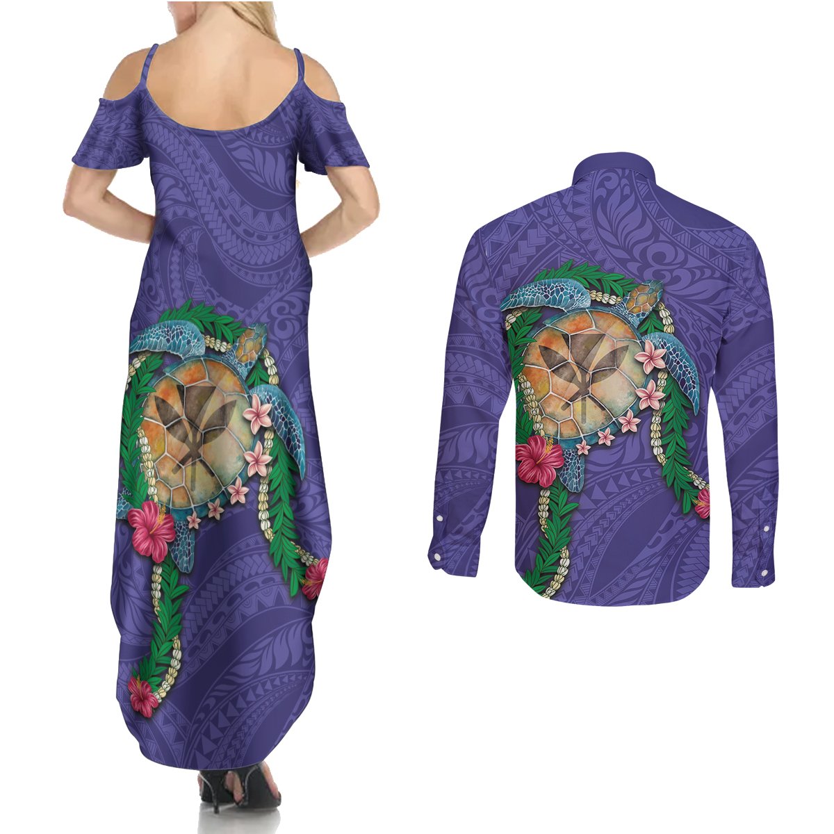 Hawaii Pikake and Maile Lei Couples Matching Summer Maxi Dress and Long Sleeve Button Shirt Honu Polynesian Pattern Purple Color