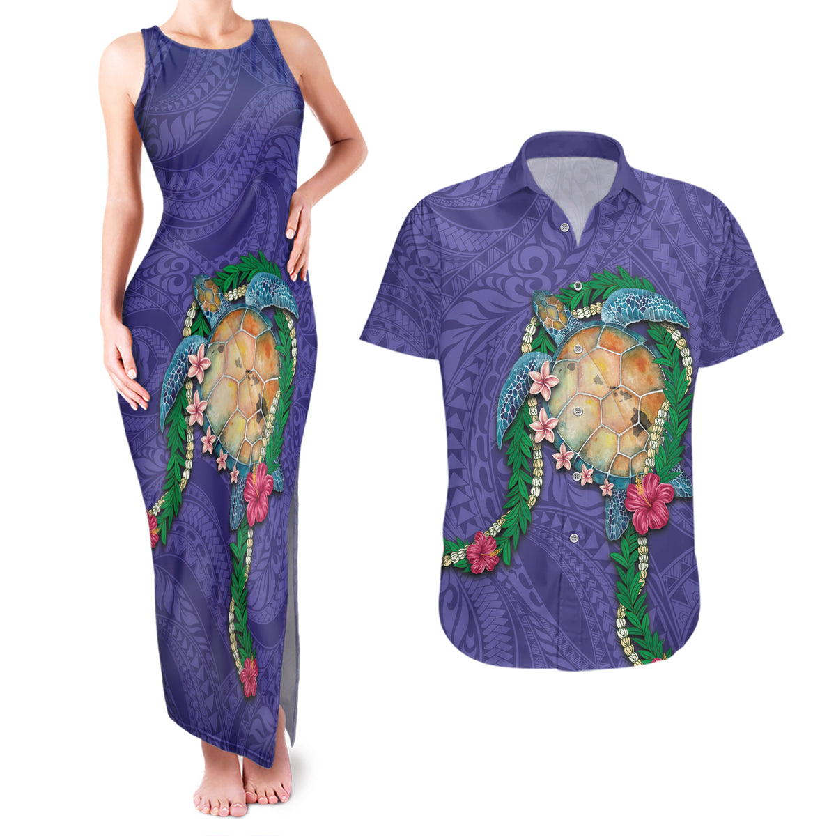 Hawaii Pikake and Maile Lei Couples Matching Tank Maxi Dress and Hawaiian Shirt Honu Polynesian Pattern Purple Color