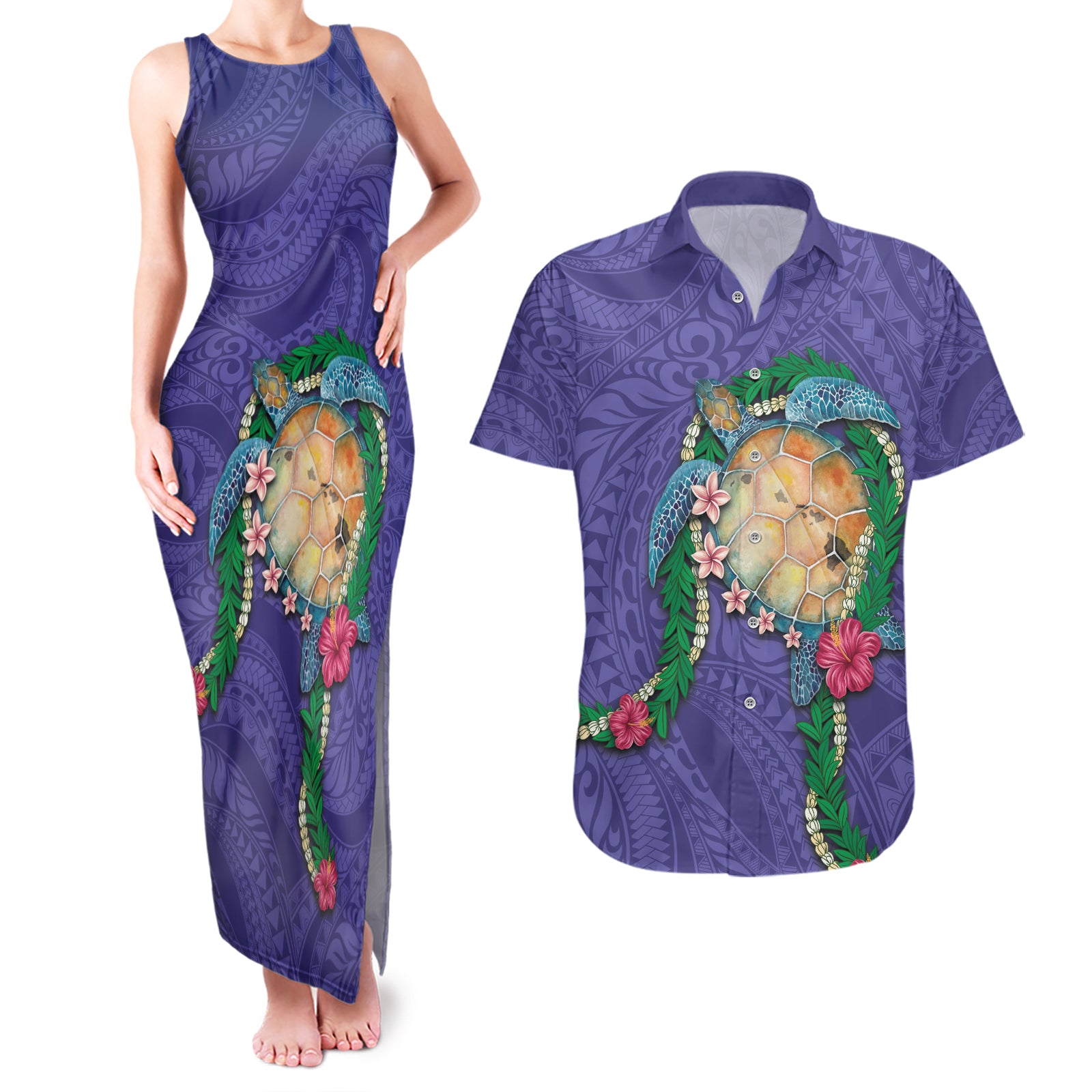 Hawaii Pikake and Maile Lei Couples Matching Tank Maxi Dress and Hawaiian Shirt Honu Polynesian Pattern Purple Color