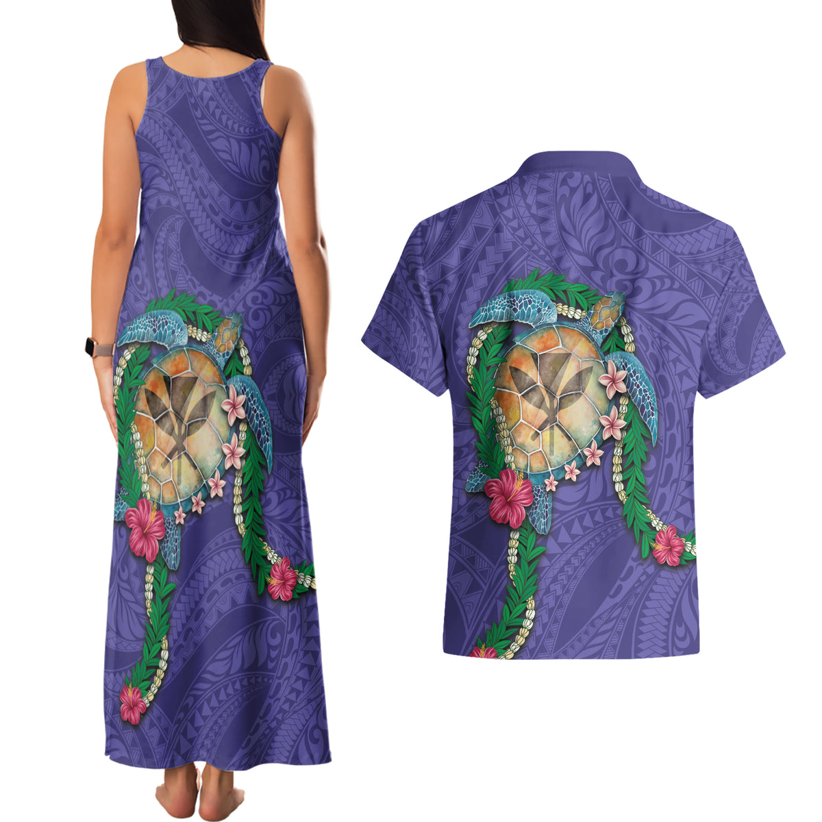 Hawaii Pikake and Maile Lei Couples Matching Tank Maxi Dress and Hawaiian Shirt Honu Polynesian Pattern Purple Color