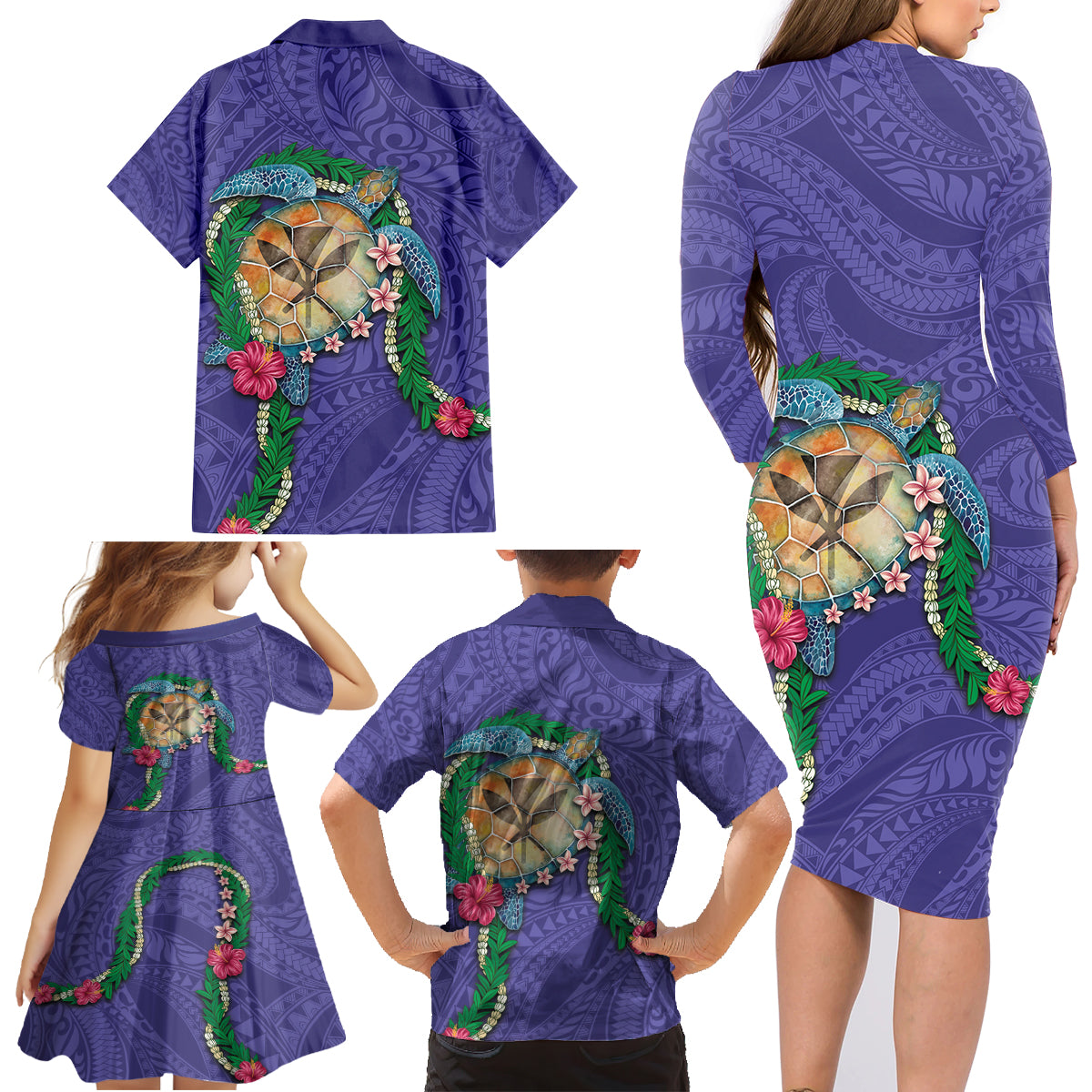 Hawaii Pikake and Maile Lei Family Matching Long Sleeve Bodycon Dress and Hawaiian Shirt Honu Polynesian Pattern Purple Color LT03 - Polynesian Pride