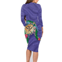 Hawaii Pikake and Maile Lei Family Matching Long Sleeve Bodycon Dress and Hawaiian Shirt Honu Polynesian Pattern Purple Color LT03 - Polynesian Pride