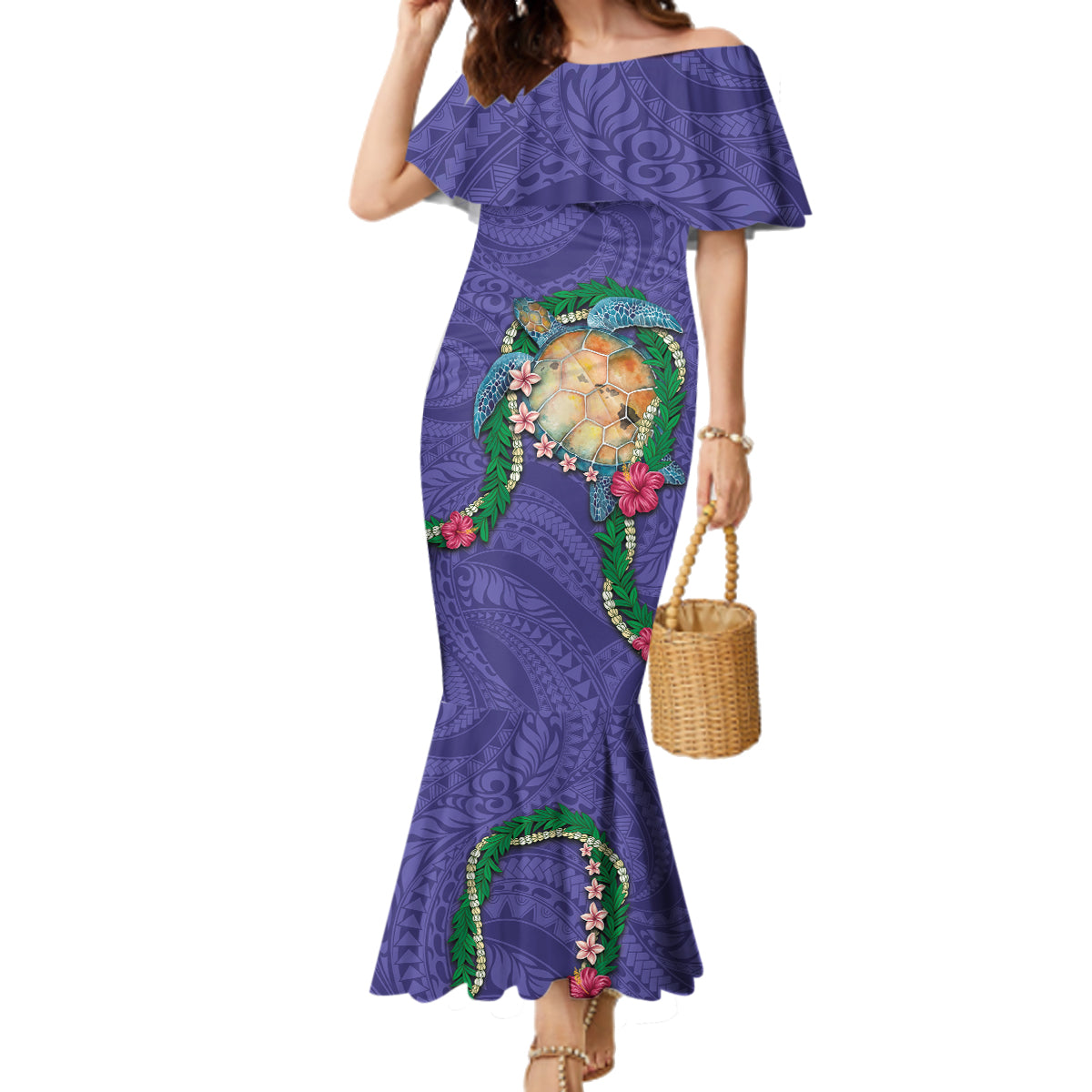 Hawaii Pikake and Maile Lei Family Matching Mermaid Dress and Hawaiian Shirt Honu Polynesian Pattern Purple Color LT03 Mom's Dress Purple - Polynesian Pride
