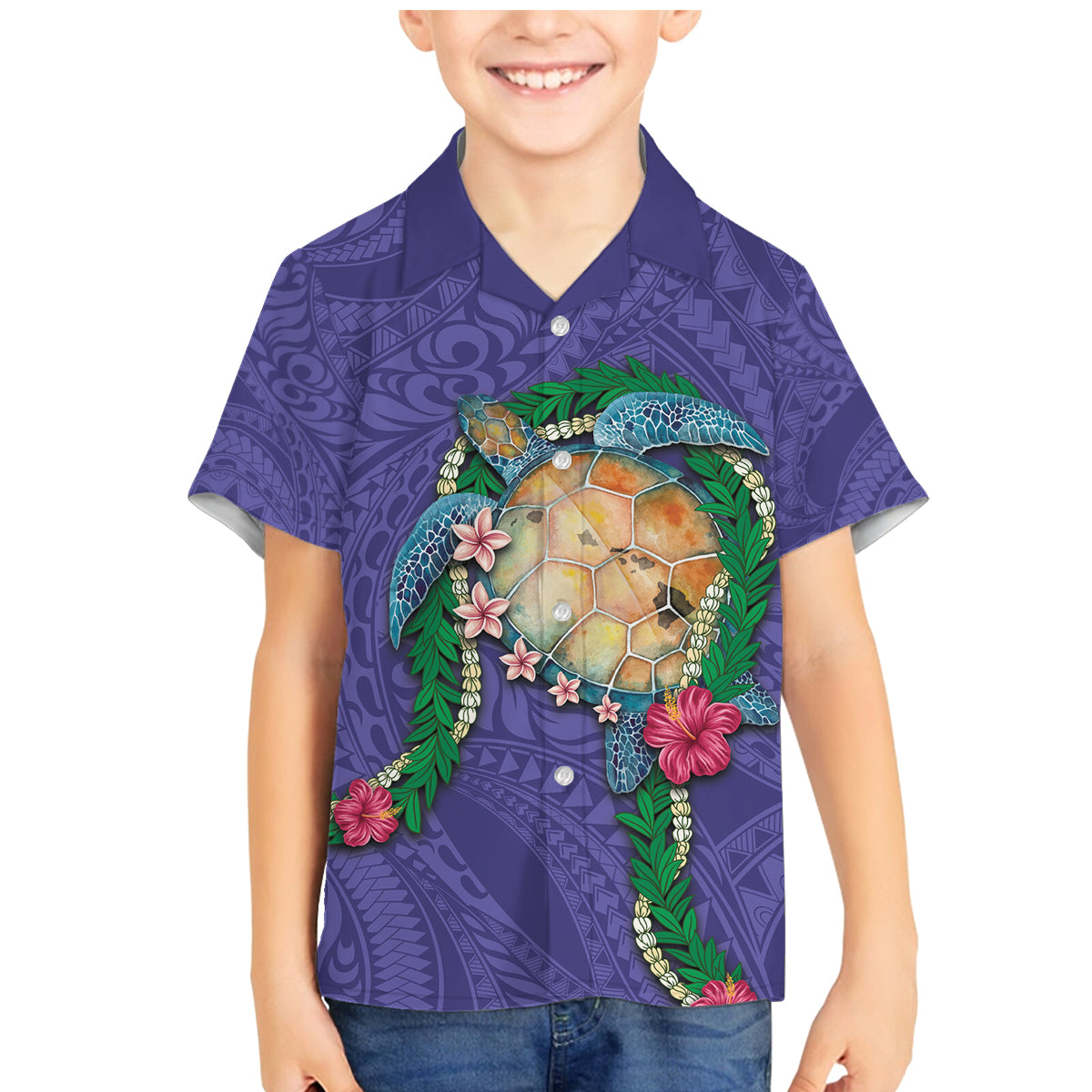 Hawaii Pikake and Maile Lei Family Matching Mermaid Dress and Hawaiian Shirt Honu Polynesian Pattern Purple Color LT03 Son's Shirt Purple - Polynesian Pride