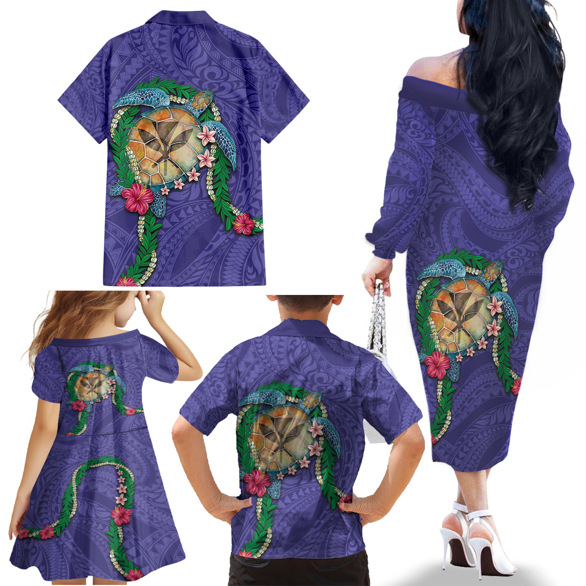 Hawaii Pikake and Maile Lei Family Matching Off The Shoulder Long Sleeve Dress and Hawaiian Shirt Honu Polynesian Pattern Purple Color LT03 - Polynesian Pride