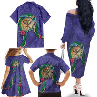 Hawaii Pikake and Maile Lei Family Matching Off The Shoulder Long Sleeve Dress and Hawaiian Shirt Honu Polynesian Pattern Purple Color LT03 - Polynesian Pride