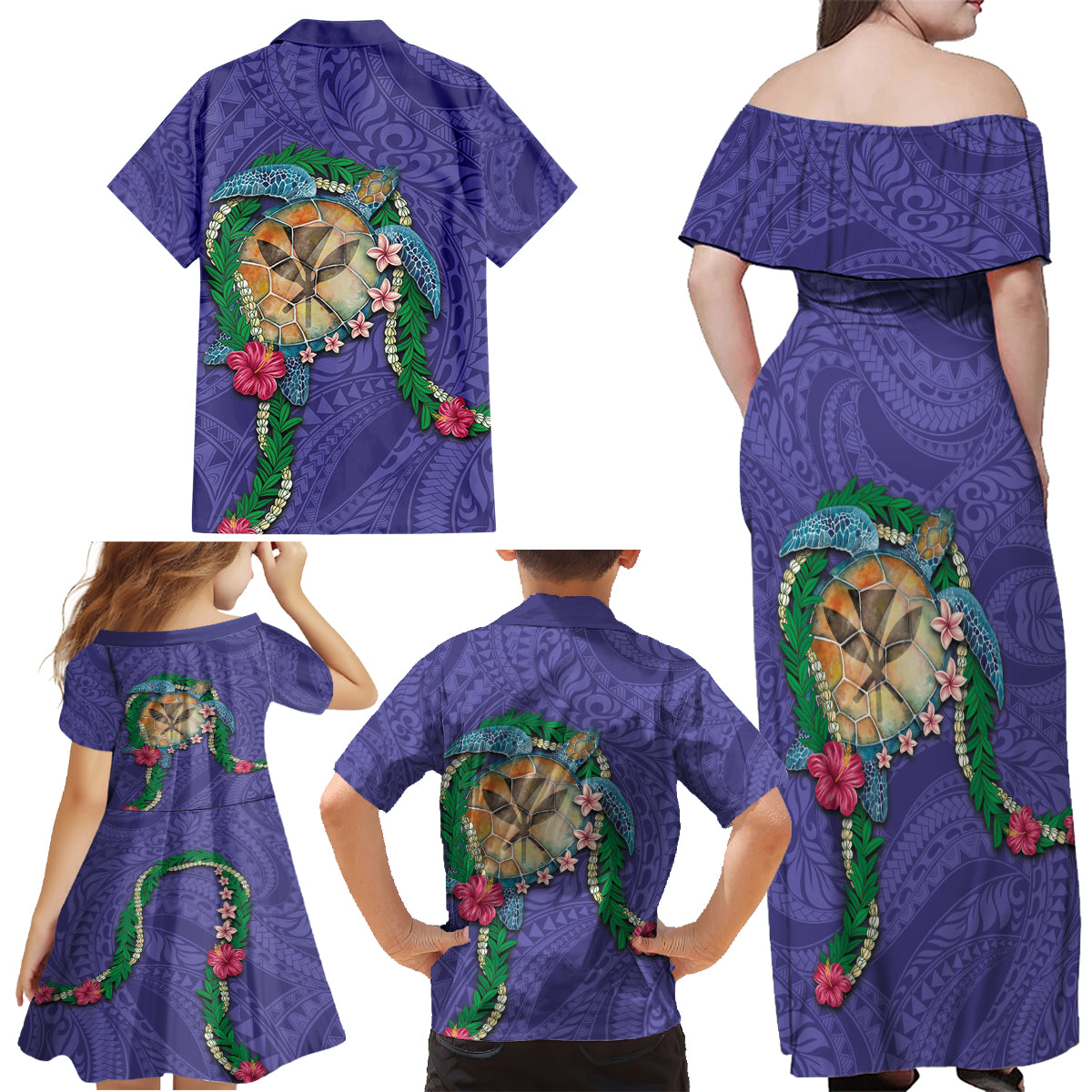 Hawaii Pikake and Maile Lei Family Matching Off Shoulder Maxi Dress and Hawaiian Shirt Honu Polynesian Pattern Purple Color LT03 - Polynesian Pride