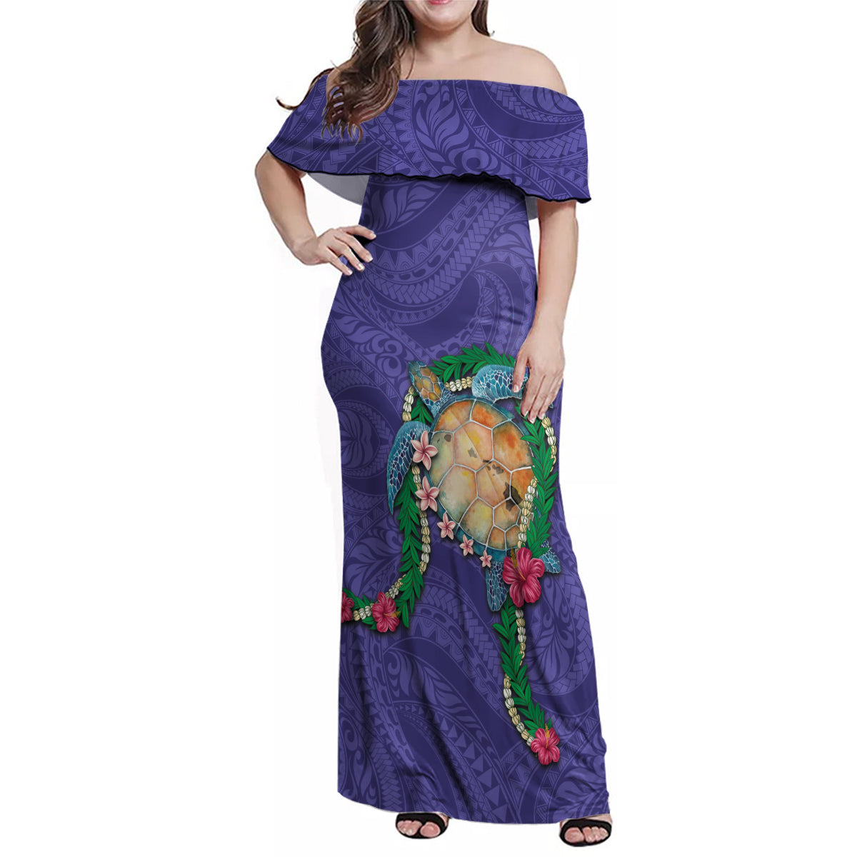 Hawaii Pikake and Maile Lei Family Matching Off Shoulder Maxi Dress and Hawaiian Shirt Honu Polynesian Pattern Purple Color LT03 Mom's Dress Purple - Polynesian Pride