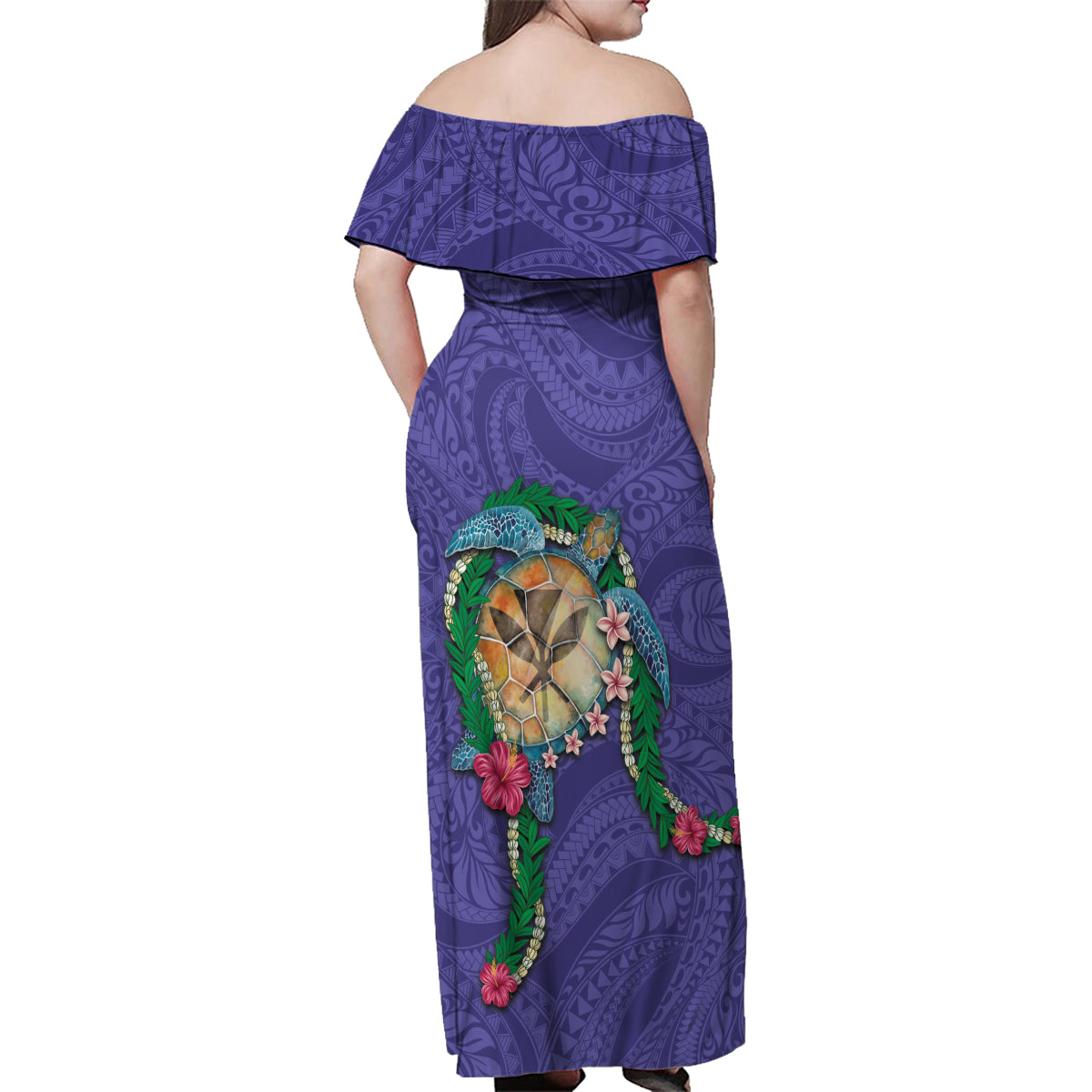 Hawaii Pikake and Maile Lei Family Matching Off Shoulder Maxi Dress and Hawaiian Shirt Honu Polynesian Pattern Purple Color LT03 - Polynesian Pride