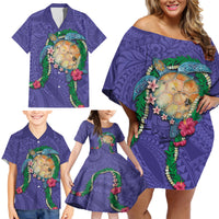 Hawaii Pikake and Maile Lei Family Matching Off Shoulder Short Dress and Hawaiian Shirt Honu Polynesian Pattern Purple Color LT03 - Polynesian Pride