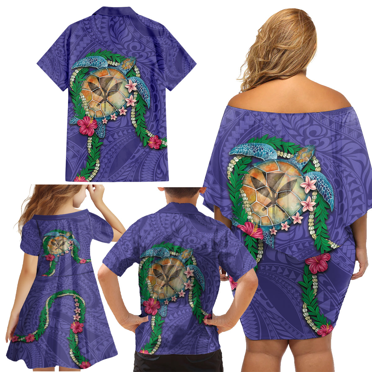 Hawaii Pikake and Maile Lei Family Matching Off Shoulder Short Dress and Hawaiian Shirt Honu Polynesian Pattern Purple Color LT03 - Polynesian Pride