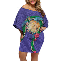 Hawaii Pikake and Maile Lei Family Matching Off Shoulder Short Dress and Hawaiian Shirt Honu Polynesian Pattern Purple Color LT03 Mom's Dress Purple - Polynesian Pride