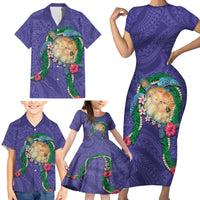 Hawaii Pikake and Maile Lei Family Matching Short Sleeve Bodycon Dress and Hawaiian Shirt Honu Polynesian Pattern Purple Color LT03 - Polynesian Pride