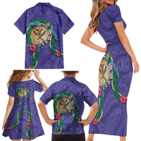 Hawaii Pikake and Maile Lei Family Matching Short Sleeve Bodycon Dress and Hawaiian Shirt Honu Polynesian Pattern Purple Color LT03 - Polynesian Pride
