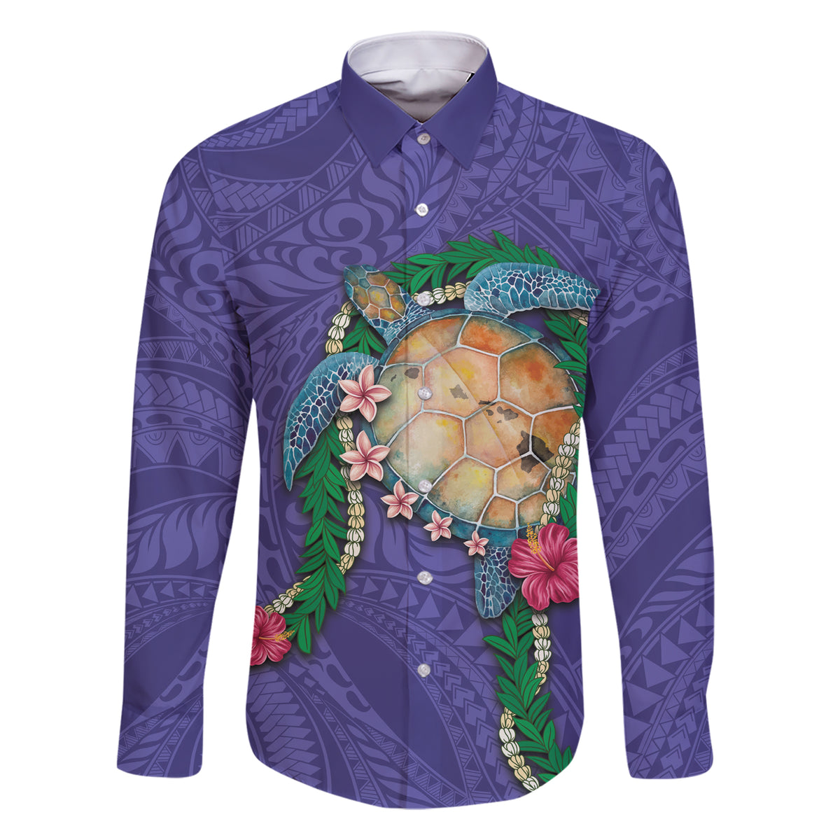 Hawaii Pikake and Maile Lei Family Matching Short Sleeve Bodycon Dress and Hawaiian Shirt Honu Polynesian Pattern Purple Color LT03 Dad's Shirt - Long Sleeve Purple - Polynesian Pride