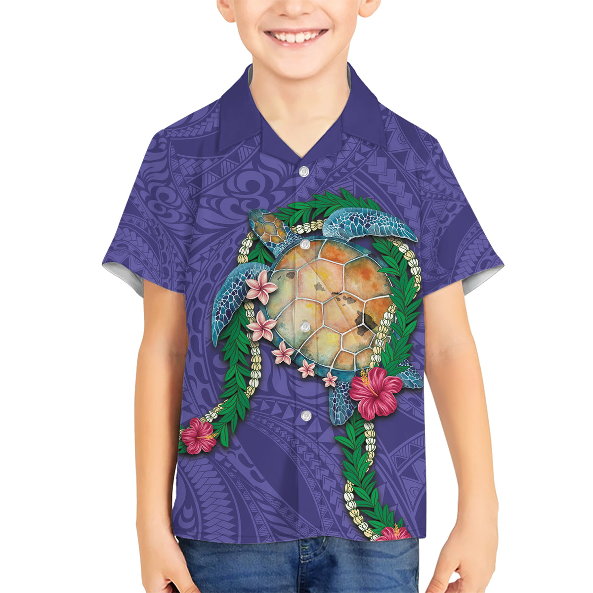 Hawaii Pikake and Maile Lei Family Matching Short Sleeve Bodycon Dress and Hawaiian Shirt Honu Polynesian Pattern Purple Color LT03 Son's Shirt Purple - Polynesian Pride