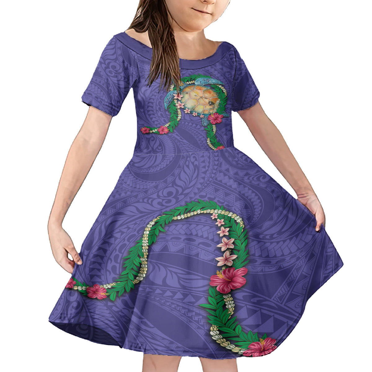 Hawaii Pikake and Maile Lei Family Matching Summer Maxi Dress and Hawaiian Shirt Honu Polynesian Pattern Purple Color LT03 Daughter's Dress Purple - Polynesian Pride