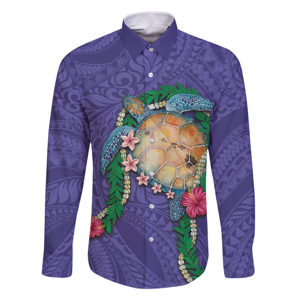 Hawaii Pikake and Maile Lei Family Matching Summer Maxi Dress and Hawaiian Shirt Honu Polynesian Pattern Purple Color LT03 Dad's Shirt - Long Sleeve Purple - Polynesian Pride