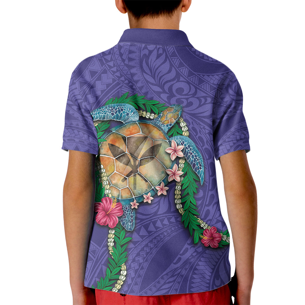 Hawaii Pikake and Maile Lei Kid Polo Shirt Honu Polynesian Pattern Purple Color