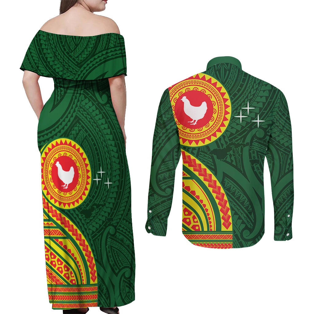 Manu'a Cession Day Couples Matching Off Shoulder Maxi Dress and Long Sleeve Button Shirt Polynesian Pattern