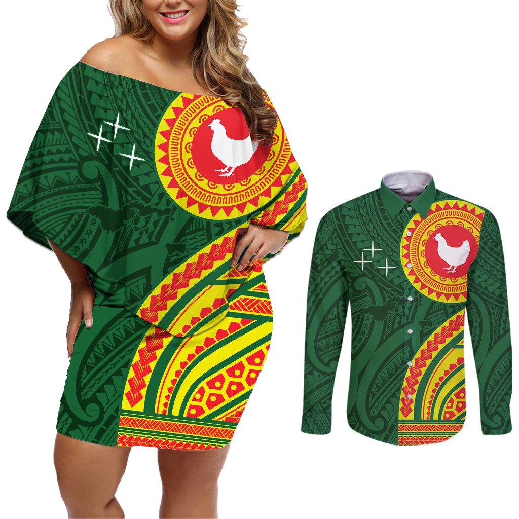 Manu'a Cession Day Couples Matching Off Shoulder Short Dress and Long Sleeve Button Shirt Polynesian Pattern