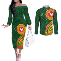 Manu'a Cession Day Couples Matching Off The Shoulder Long Sleeve Dress and Long Sleeve Button Shirt Polynesian Pattern