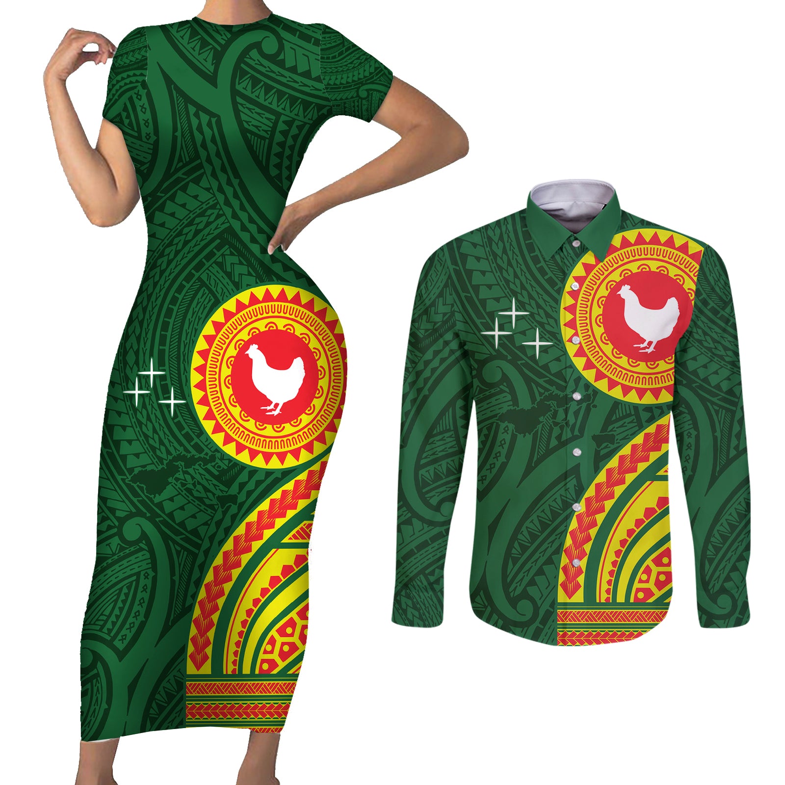 Manu'a Cession Day Couples Matching Short Sleeve Bodycon Dress and Long Sleeve Button Shirt Polynesian Pattern