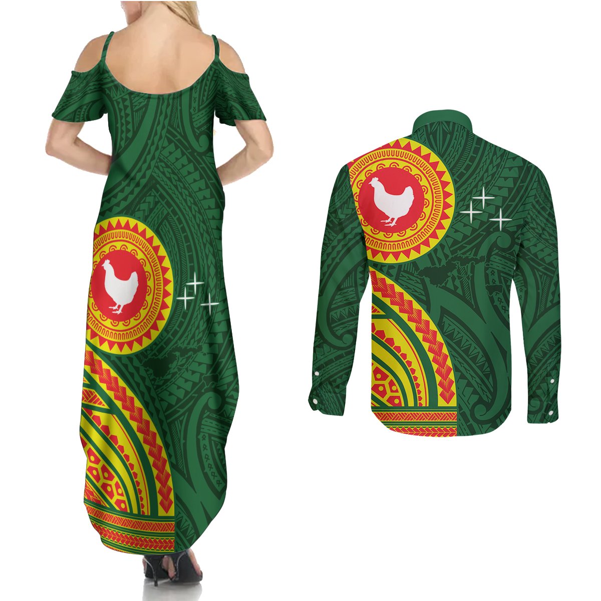 Manu'a Cession Day Couples Matching Summer Maxi Dress and Long Sleeve Button Shirt Polynesian Pattern