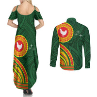 Manu'a Cession Day Couples Matching Summer Maxi Dress and Long Sleeve Button Shirt Polynesian Pattern