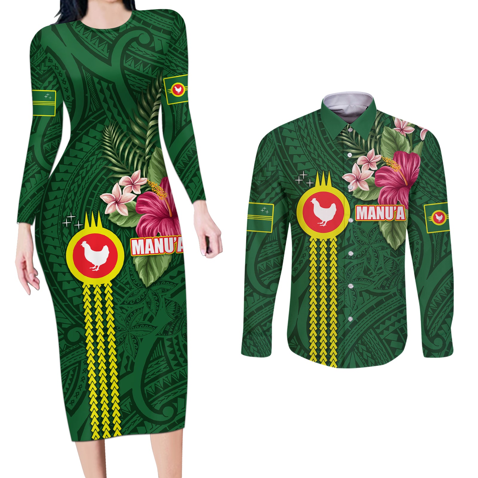 Manu'a Cession Day 120th Anniversary Couples Matching Long Sleeve Bodycon Dress and Long Sleeve Button Shirt Polynesian Pattern and Hibiscus Flower