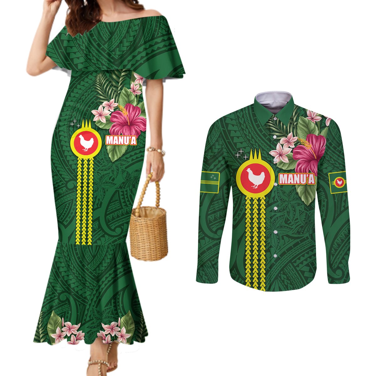 Manu'a Cession Day 120th Anniversary Couples Matching Mermaid Dress and Long Sleeve Button Shirt Polynesian Pattern and Hibiscus Flower