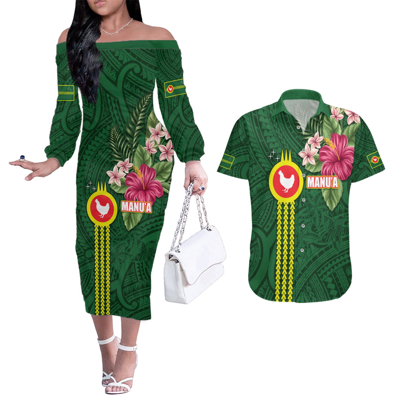 Manu'a Cession Day 120th Anniversary Couples Matching Off The Shoulder Long Sleeve Dress and Hawaiian Shirt Polynesian Pattern and Hibiscus Flower