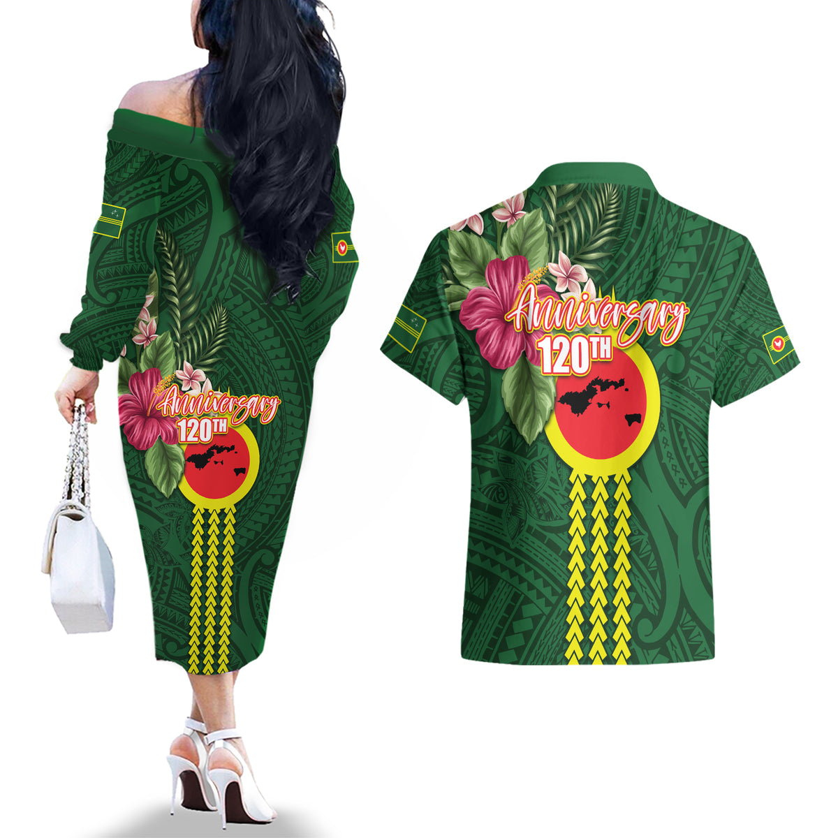 Manu'a Cession Day 120th Anniversary Couples Matching Off The Shoulder Long Sleeve Dress and Hawaiian Shirt Polynesian Pattern and Hibiscus Flower