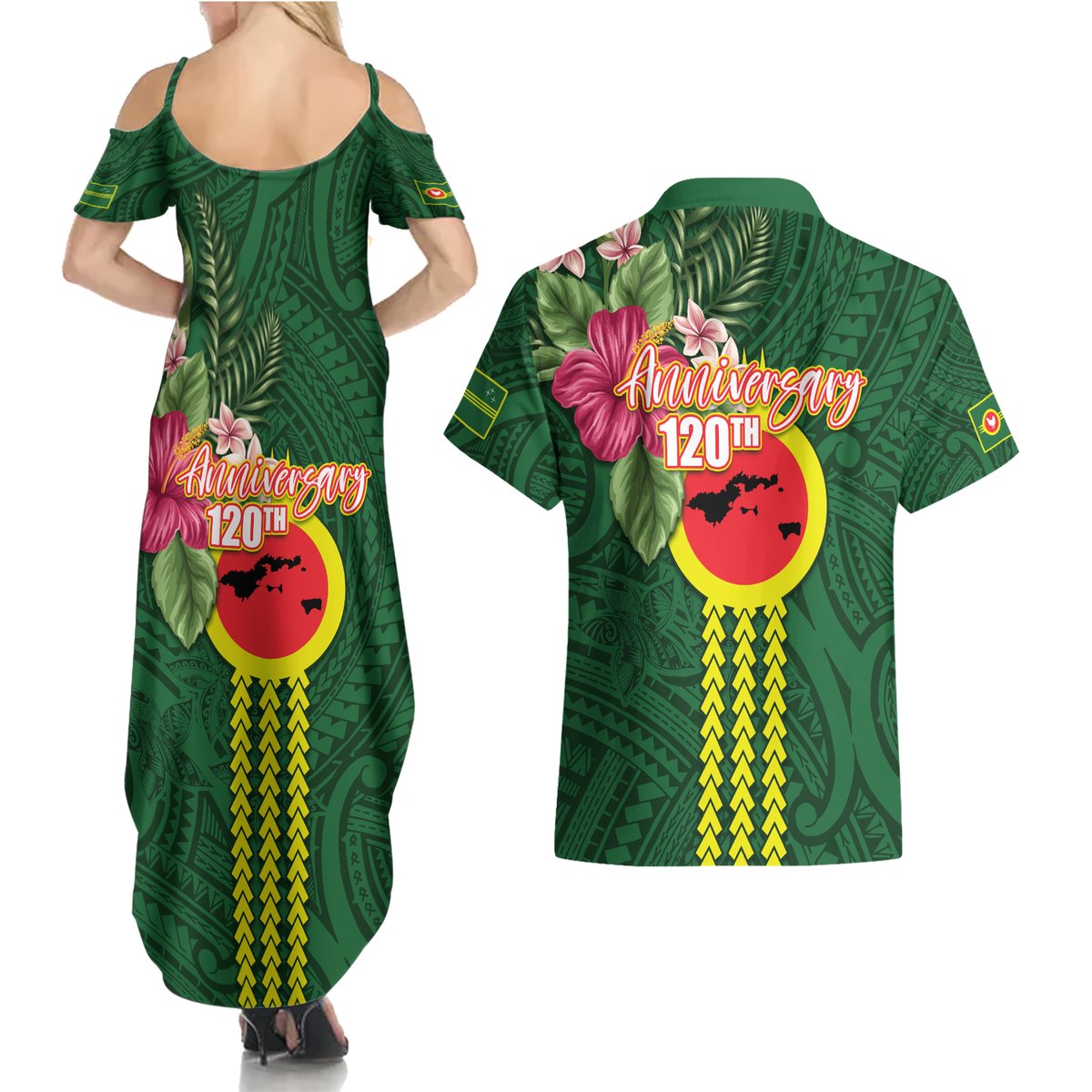 Manu'a Cession Day 120th Anniversary Couples Matching Summer Maxi Dress and Hawaiian Shirt Polynesian Pattern and Hibiscus Flower