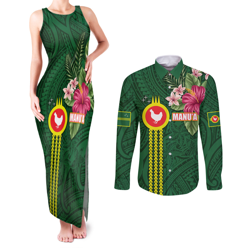 Manu'a Cession Day 120th Anniversary Couples Matching Tank Maxi Dress and Long Sleeve Button Shirt Polynesian Pattern and Hibiscus Flower