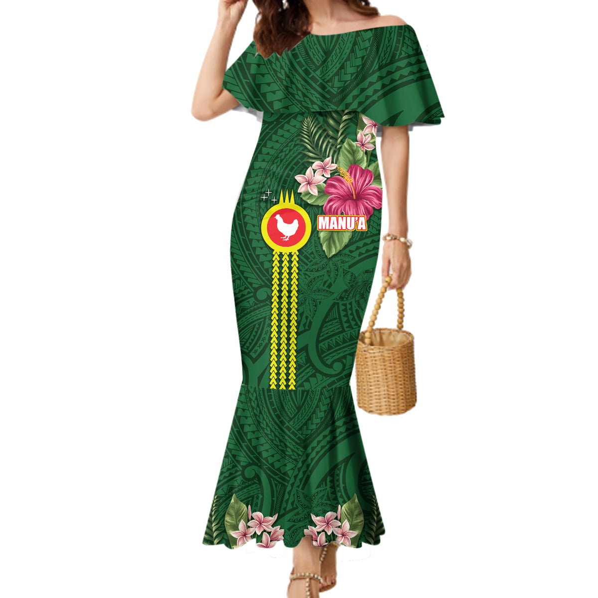 Manu'a Cession Day 120th Anniversary Family Matching Mermaid Dress and Hawaiian Shirt Polynesian Pattern and Hibiscus Flower LT03 Mom's Dress Green - Polynesian Pride