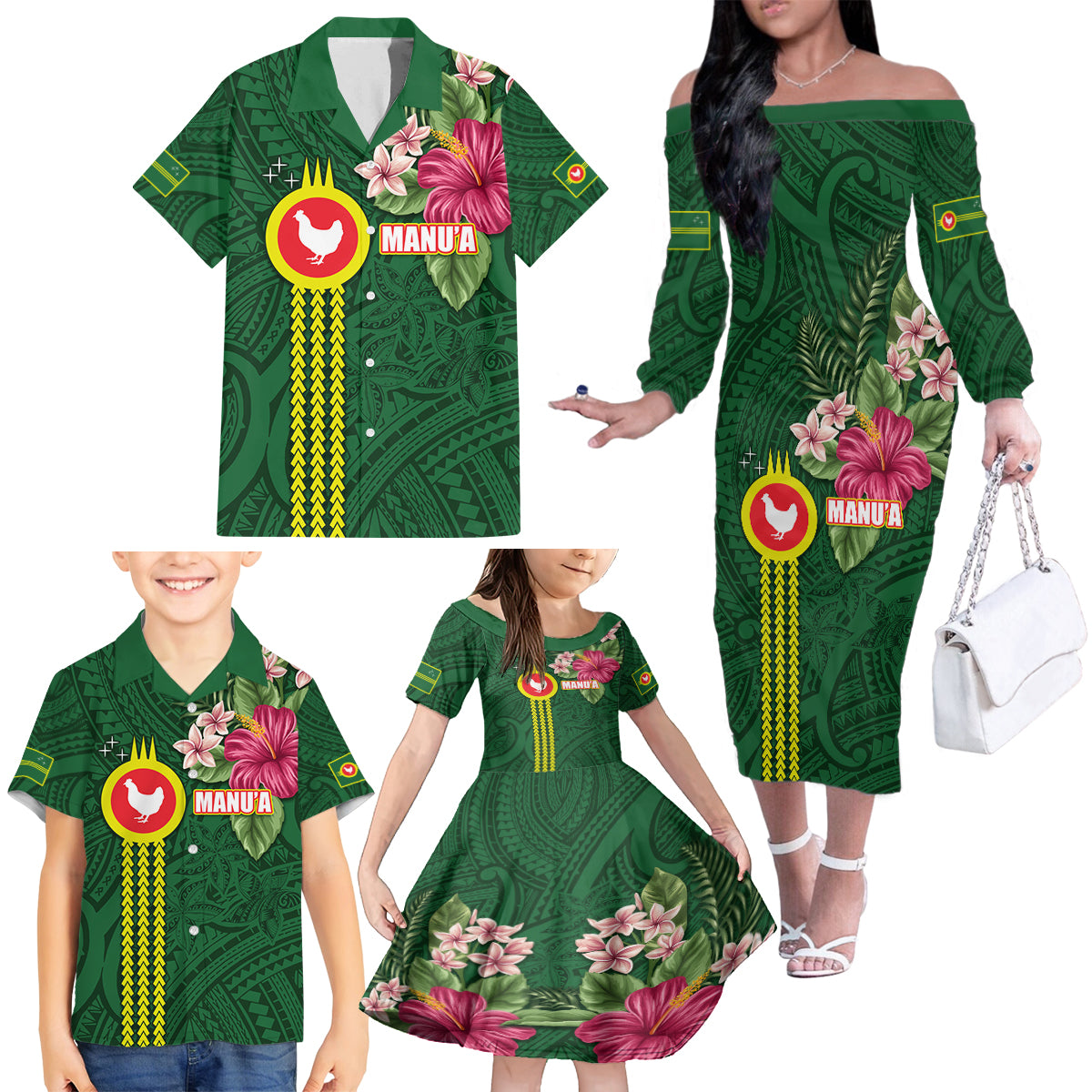Manu'a Cession Day 120th Anniversary Family Matching Off The Shoulder Long Sleeve Dress and Hawaiian Shirt Polynesian Pattern and Hibiscus Flower LT03 - Polynesian Pride