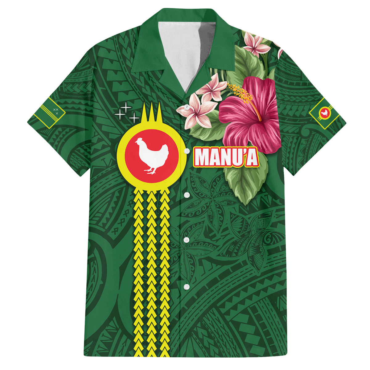 Manu'a Cession Day 120th Anniversary Family Matching Off The Shoulder Long Sleeve Dress and Hawaiian Shirt Polynesian Pattern and Hibiscus Flower LT03 Dad's Shirt - Short Sleeve Green - Polynesian Pride