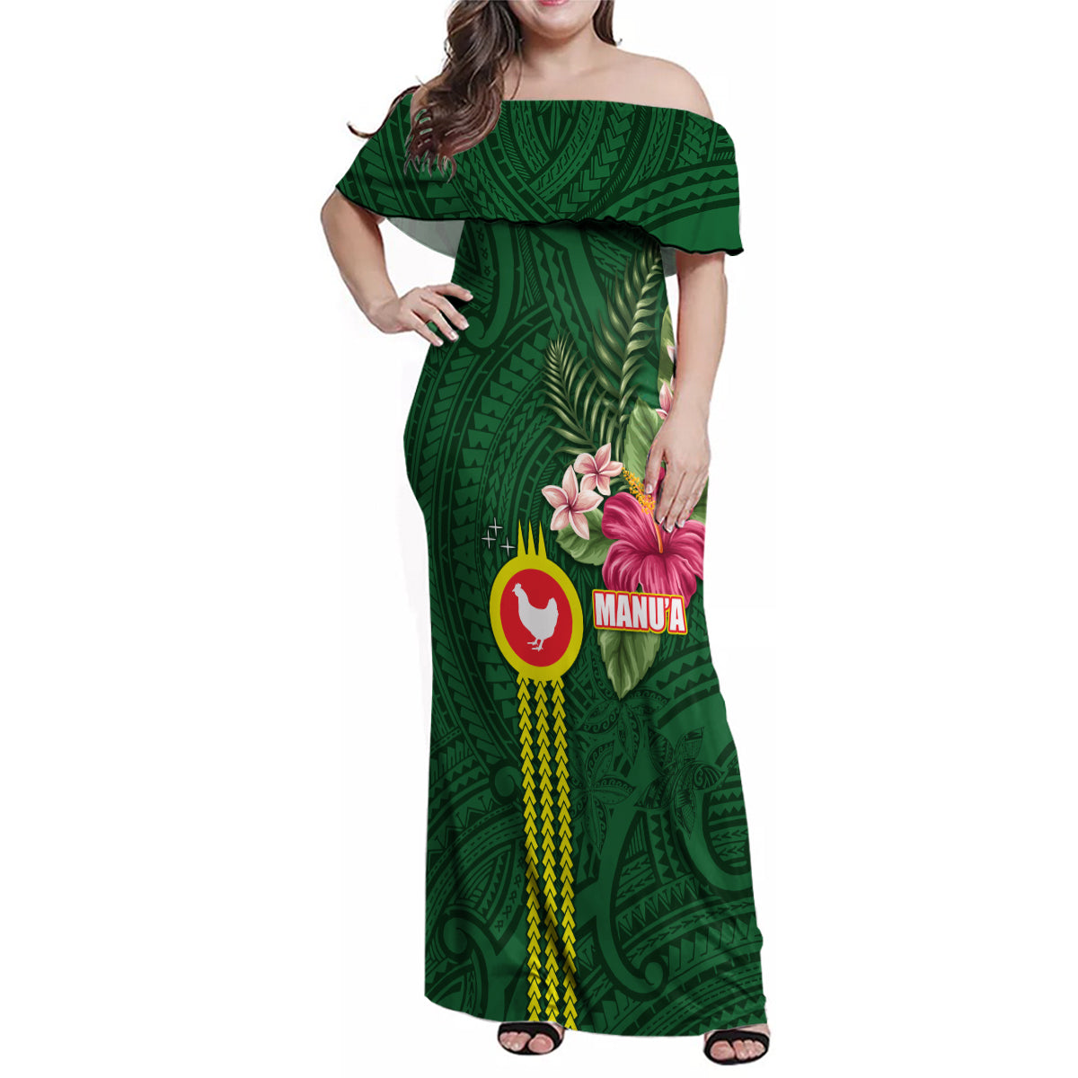 Manu'a Cession Day 120th Anniversary Family Matching Off Shoulder Maxi Dress and Hawaiian Shirt Polynesian Pattern and Hibiscus Flower