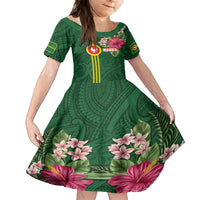 Manu'a Cession Day 120th Anniversary Family Matching Off Shoulder Short Dress and Hawaiian Shirt Polynesian Pattern and Hibiscus Flower LT03 Daughter's Dress Green - Polynesian Pride