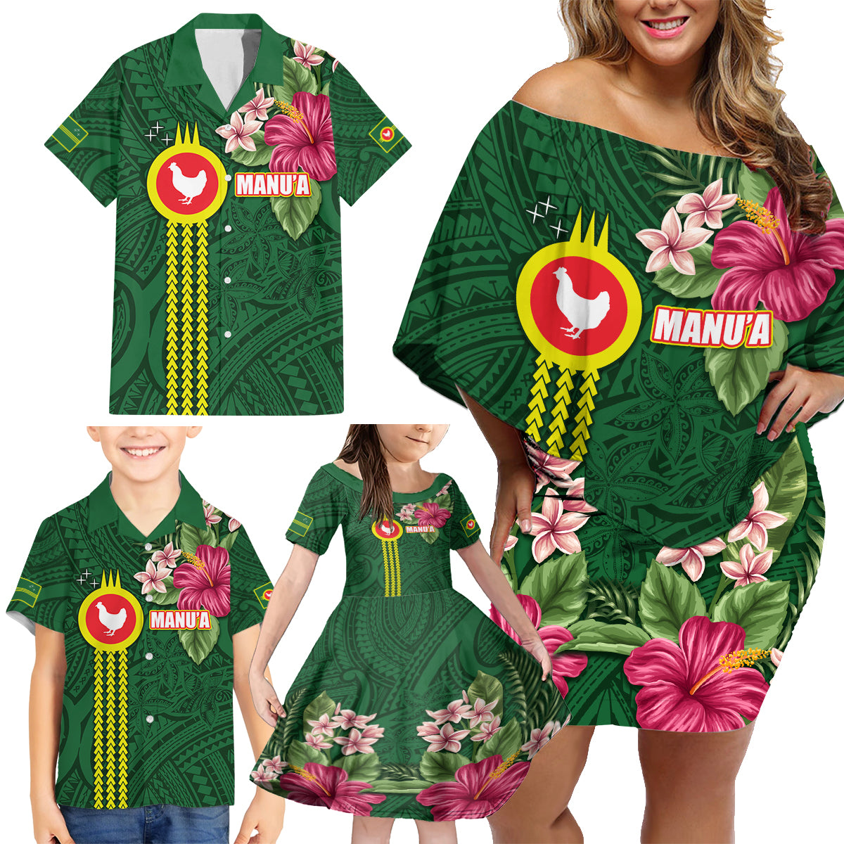 Manu'a Cession Day 120th Anniversary Family Matching Off Shoulder Short Dress and Hawaiian Shirt Polynesian Pattern and Hibiscus Flower LT03 - Polynesian Pride