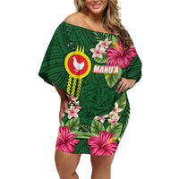 Manu'a Cession Day 120th Anniversary Family Matching Off Shoulder Short Dress and Hawaiian Shirt Polynesian Pattern and Hibiscus Flower LT03 Mom's Dress Green - Polynesian Pride