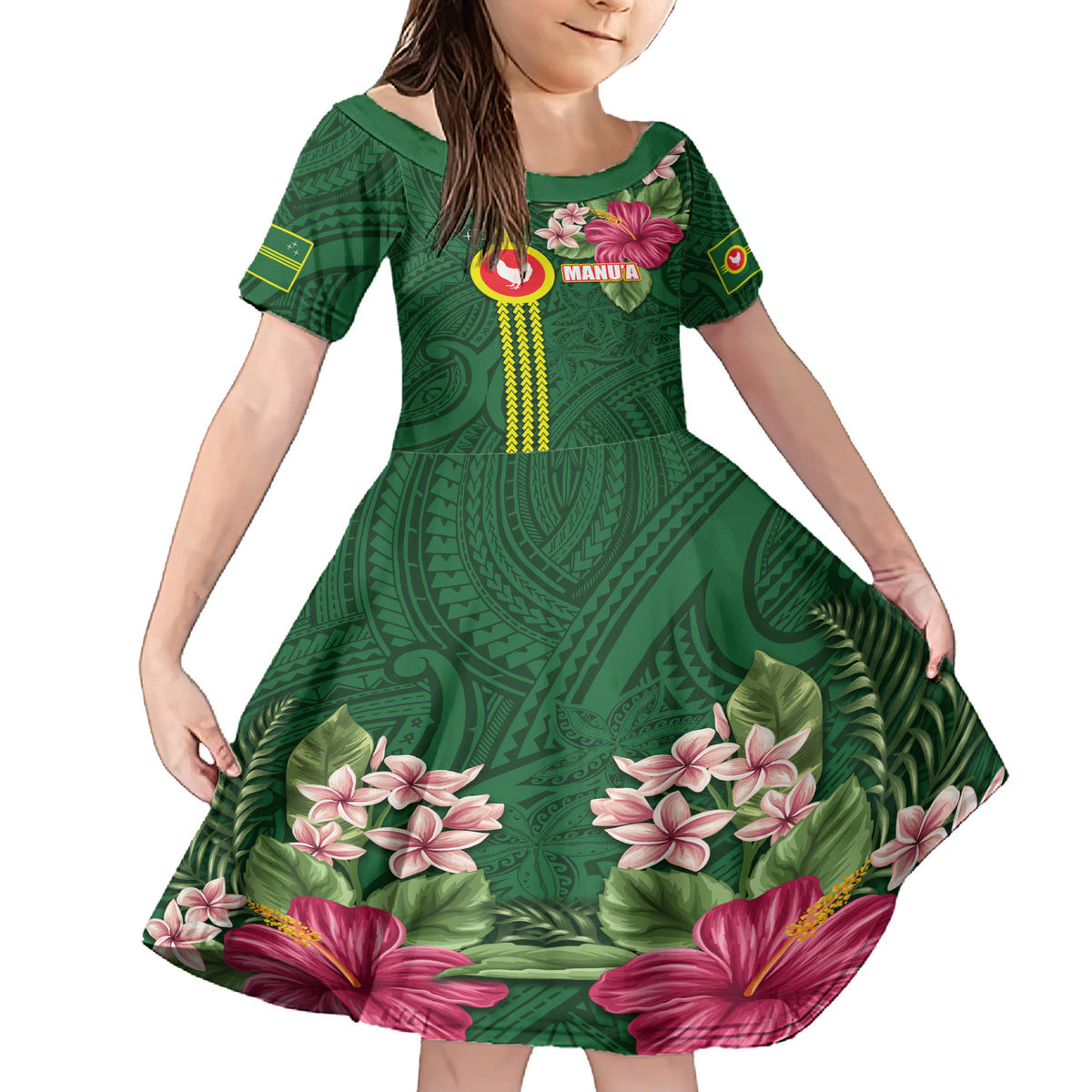 Manu'a Cession Day 120th Anniversary Family Matching Short Sleeve Bodycon Dress and Hawaiian Shirt Polynesian Pattern and Hibiscus Flower LT03 Daughter's Dress Green - Polynesian Pride