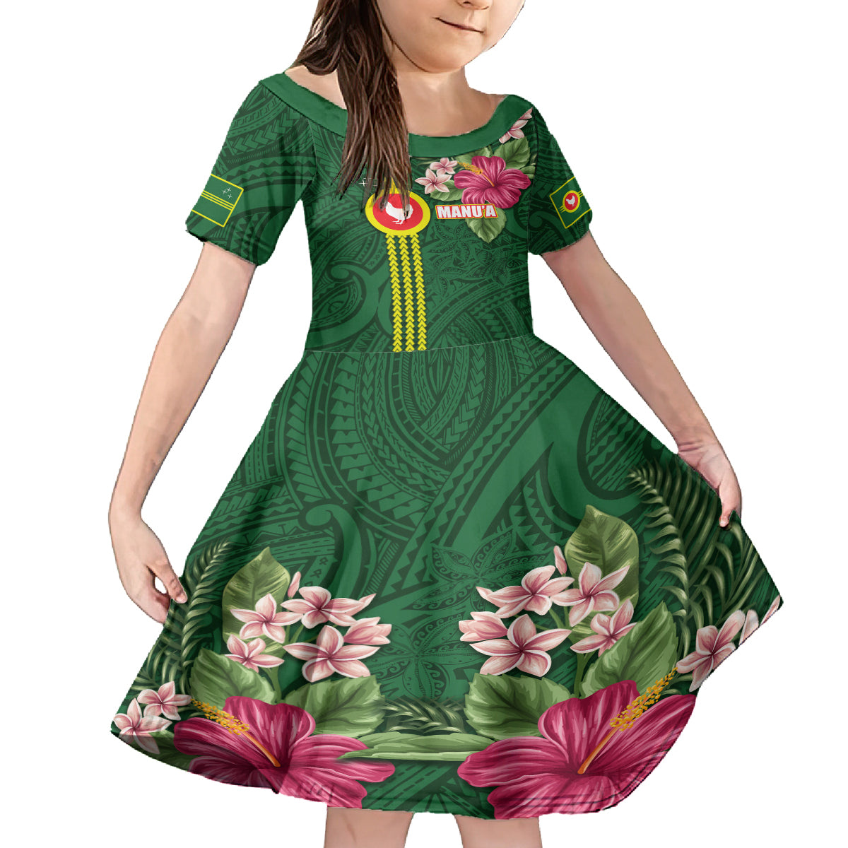 Manu'a Cession Day 120th Anniversary Family Matching Summer Maxi Dress and Hawaiian Shirt Polynesian Pattern and Hibiscus Flower LT03 Daughter's Dress Green - Polynesian Pride