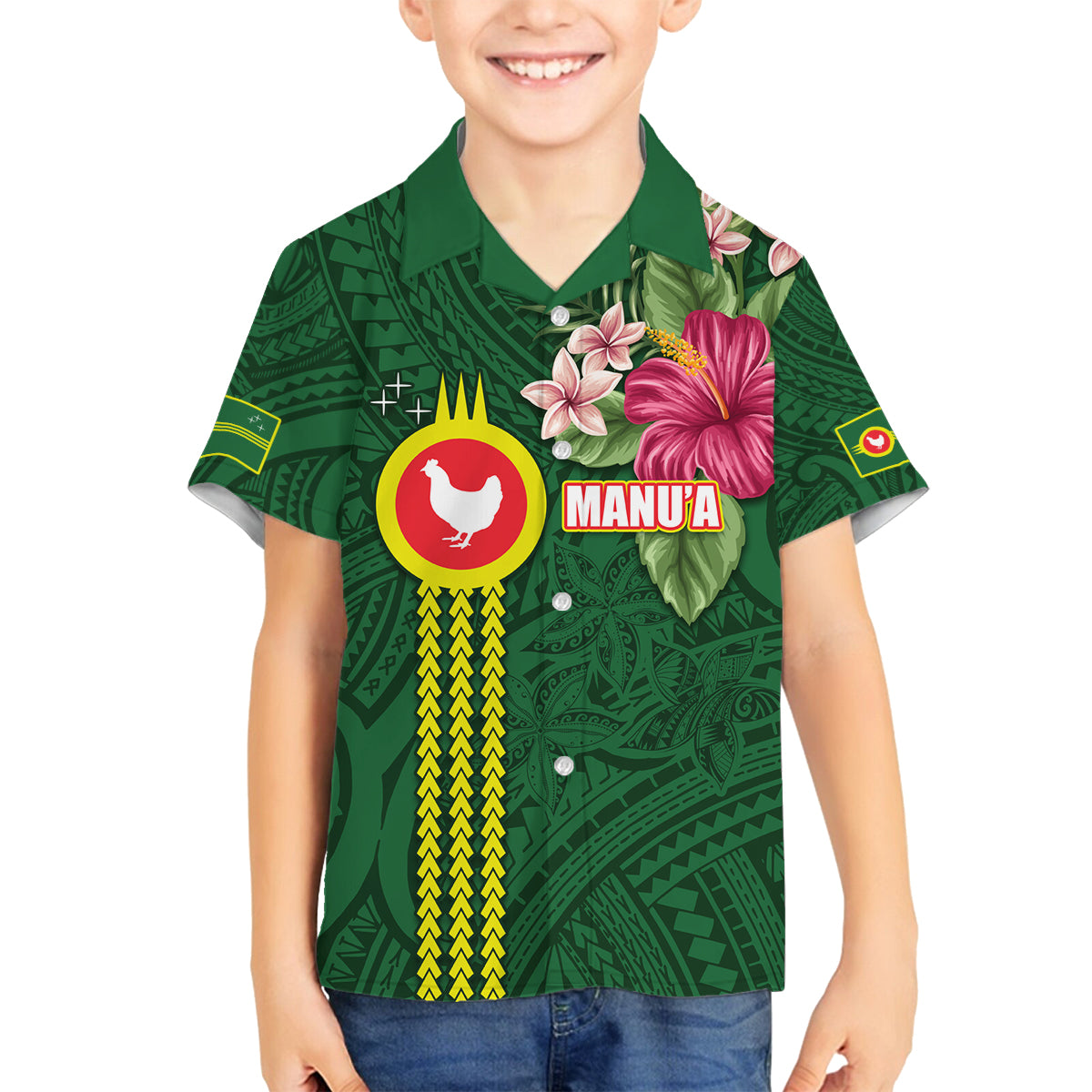 Manu'a Cession Day 120th Anniversary Family Matching Summer Maxi Dress and Hawaiian Shirt Polynesian Pattern and Hibiscus Flower LT03 Son's Shirt Green - Polynesian Pride