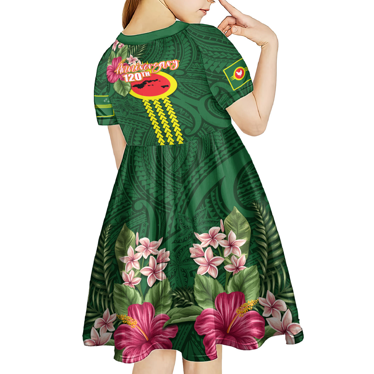 Manu'a Cession Day 120th Anniversary Kid Short Sleeve Dress Polynesian Pattern and Hibiscus Flower
