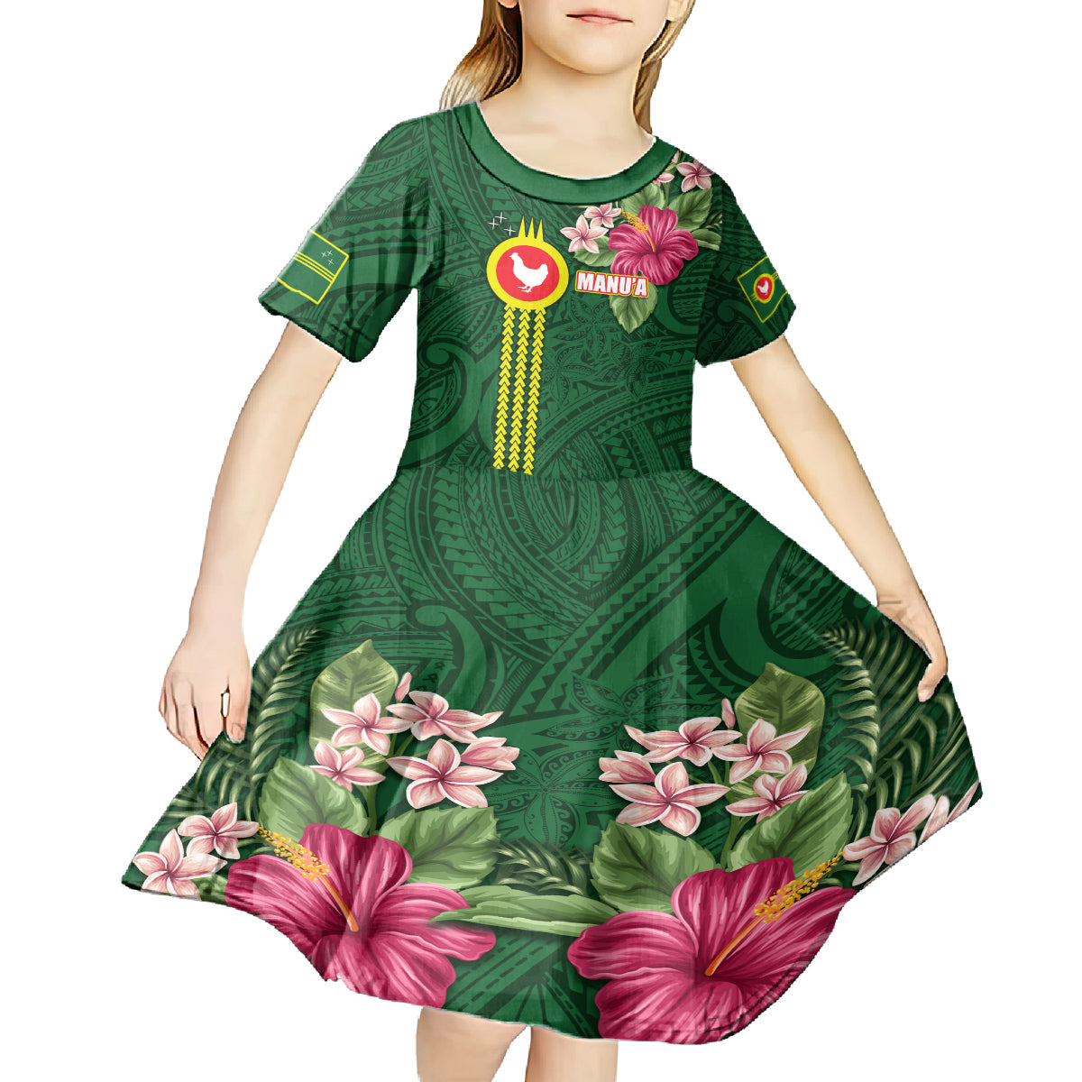Manu'a Cession Day 120th Anniversary Kid Short Sleeve Dress Polynesian Pattern and Hibiscus Flower