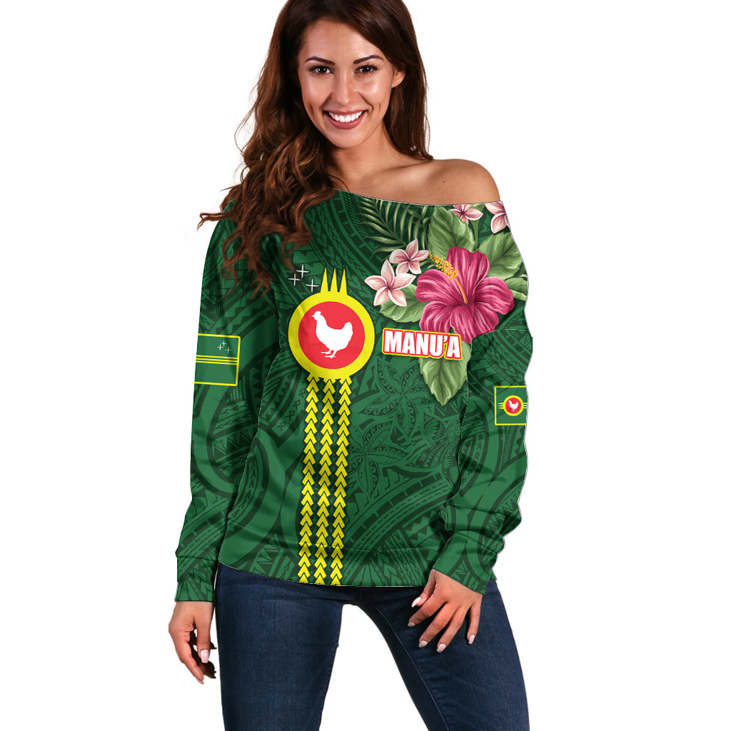Manu'a Cession Day 120th Anniversary Off Shoulder Sweater Polynesian Pattern and Hibiscus Flower
