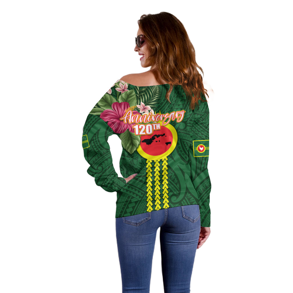 Manu'a Cession Day 120th Anniversary Off Shoulder Sweater Polynesian Pattern and Hibiscus Flower